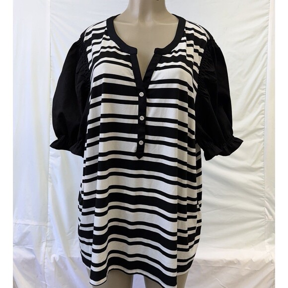 Cato Tops - Cato Women's Plus Size 26/28W Striped Henley Top - Black & White Puff Sleeve